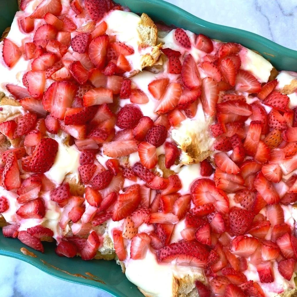 strawberry and cream cheese breakfast casserole in a dish
