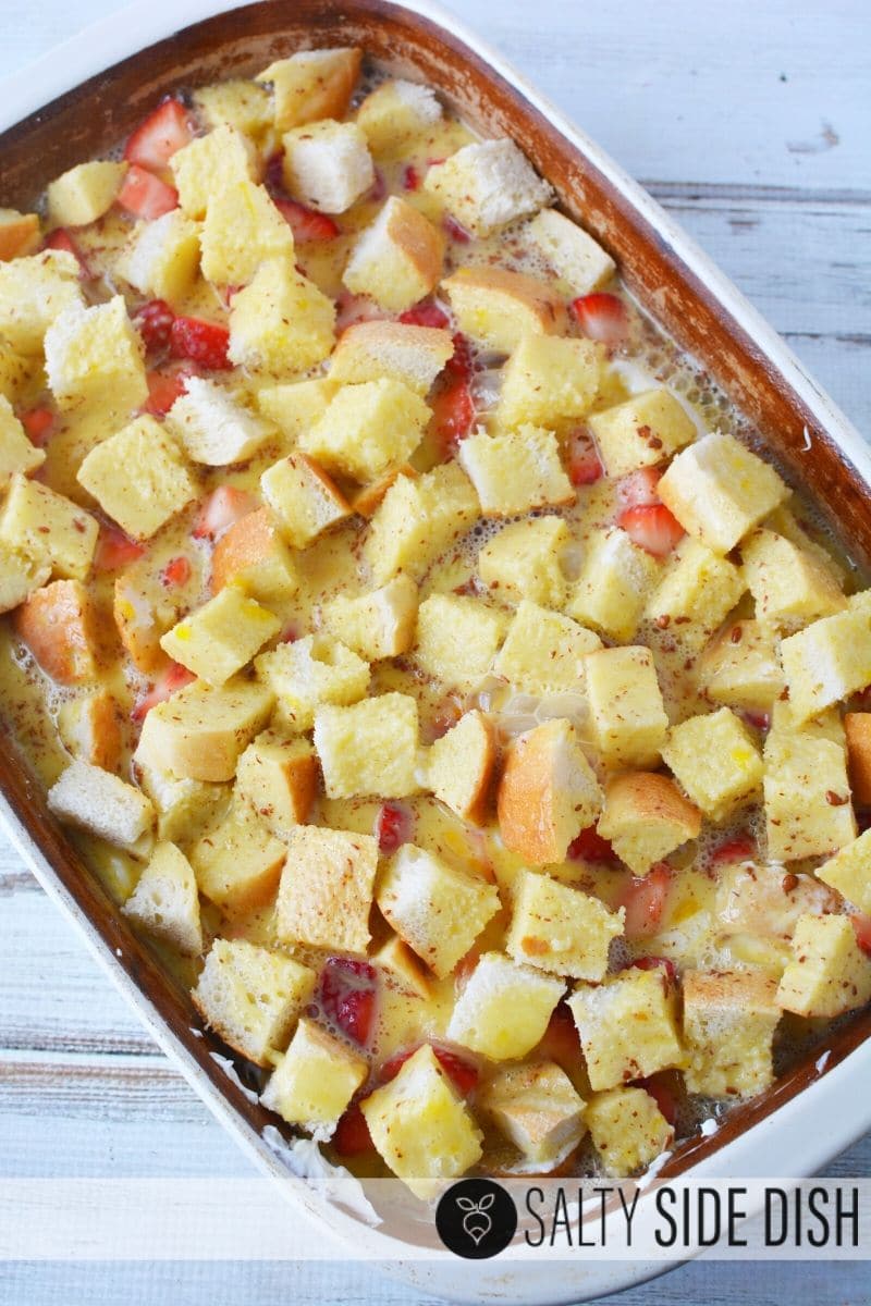 layer bread and egg wash for french toast casserole and strawberries