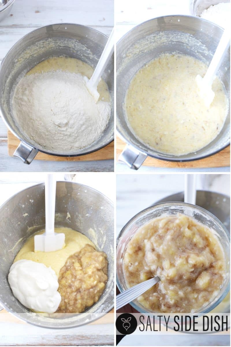 banana bar ingredients with flour and bananas make the perfect banana bars, spatula mixing the banana batter