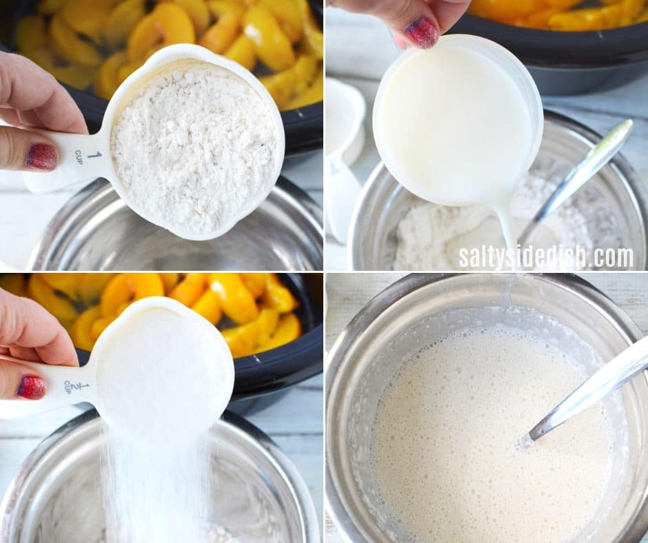 Mixing up sugar, bisquick and milk for the cake topping