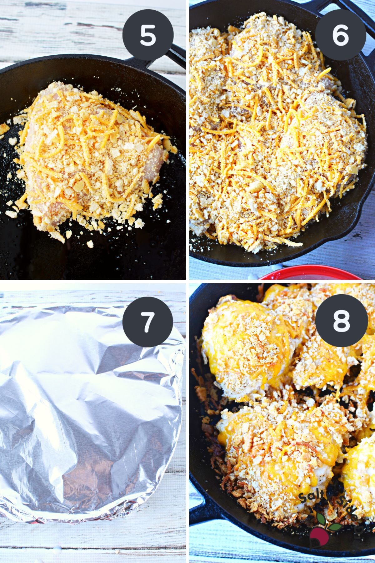 ritz cracker chicken in cast iron pan.