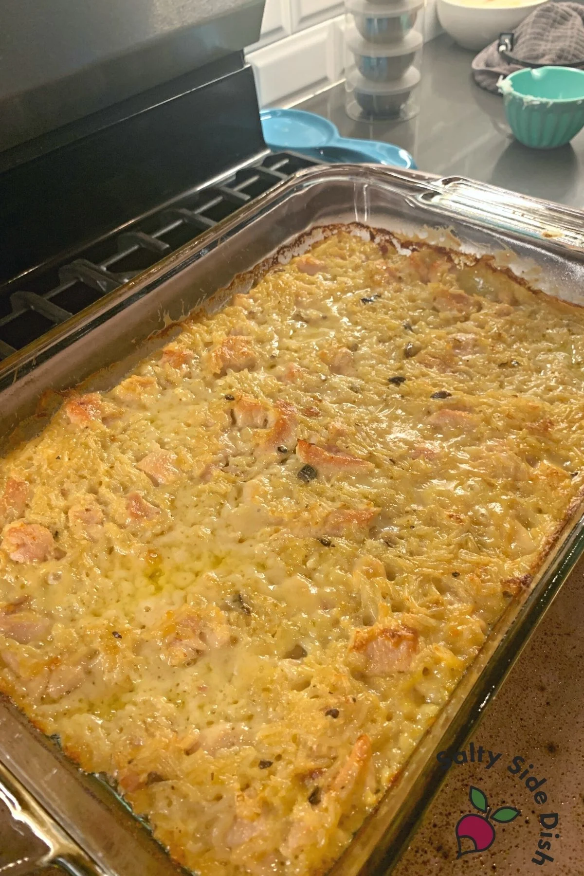 casserole dish with chicken and rice.