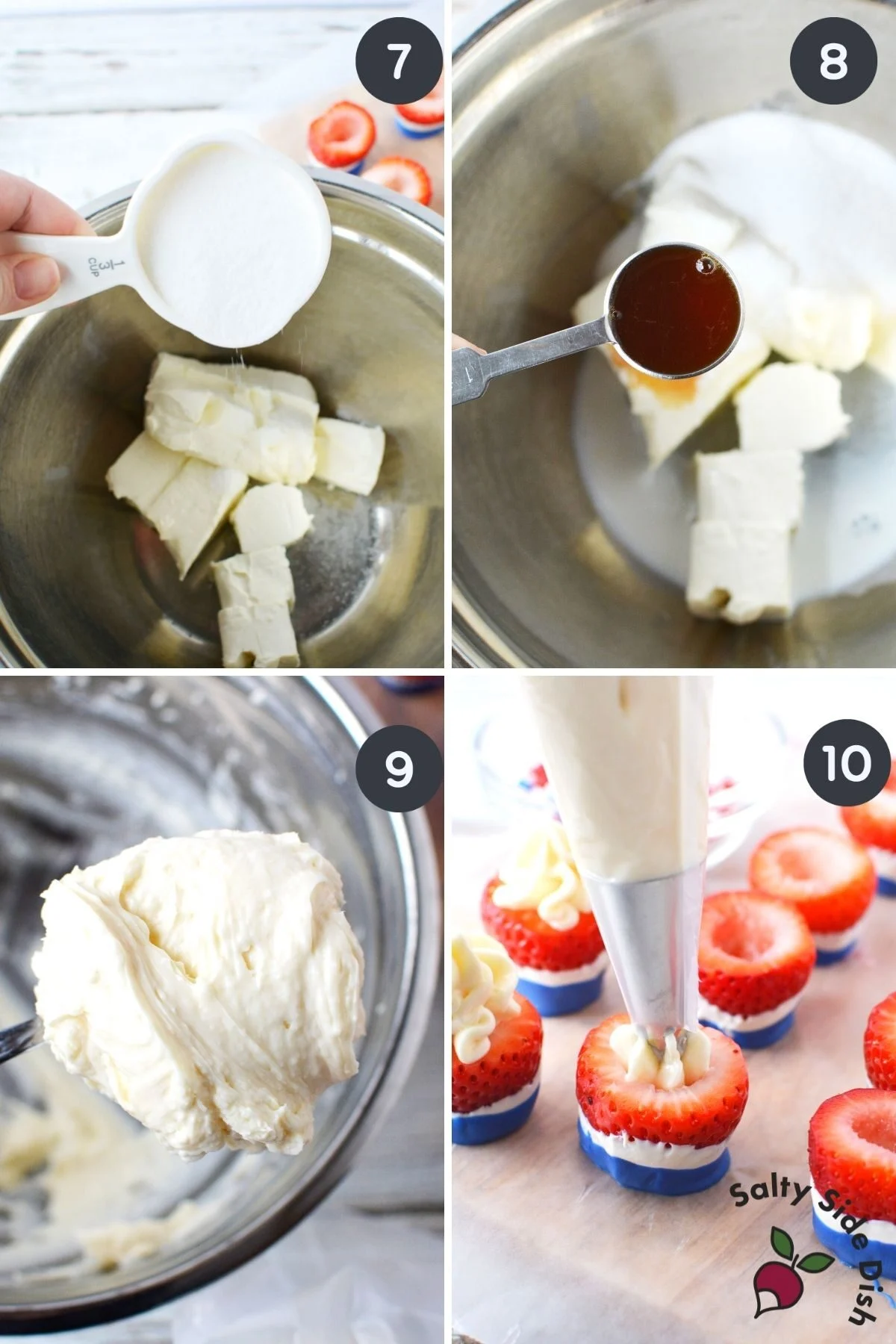 adding cheesecake ingredients to a bowl and then piping into a strawberry