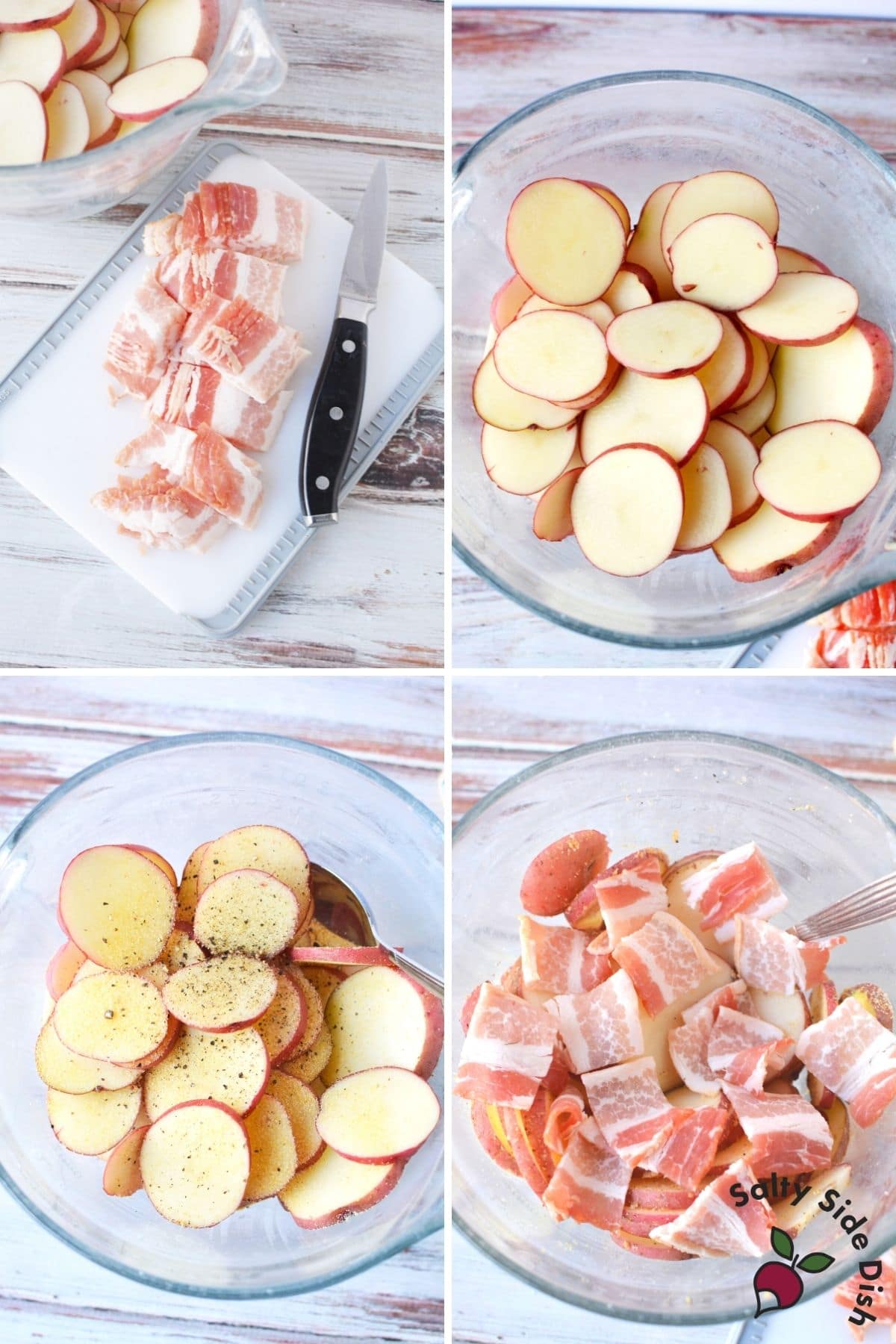 bacon and sliced red potatoes in a bowl