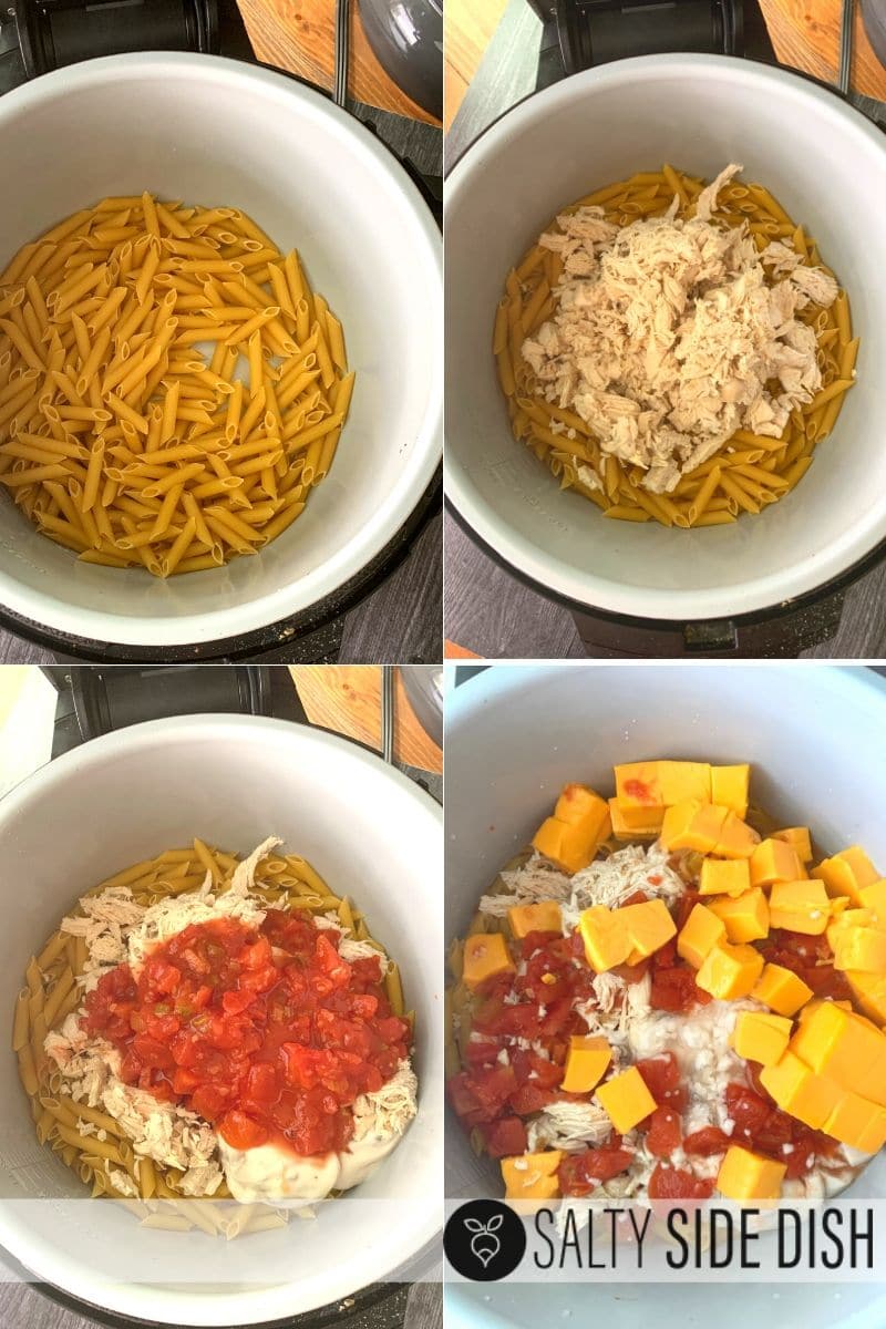layer pasta, chicken, rotel, velveeta and all ingredients in your pressure cooker