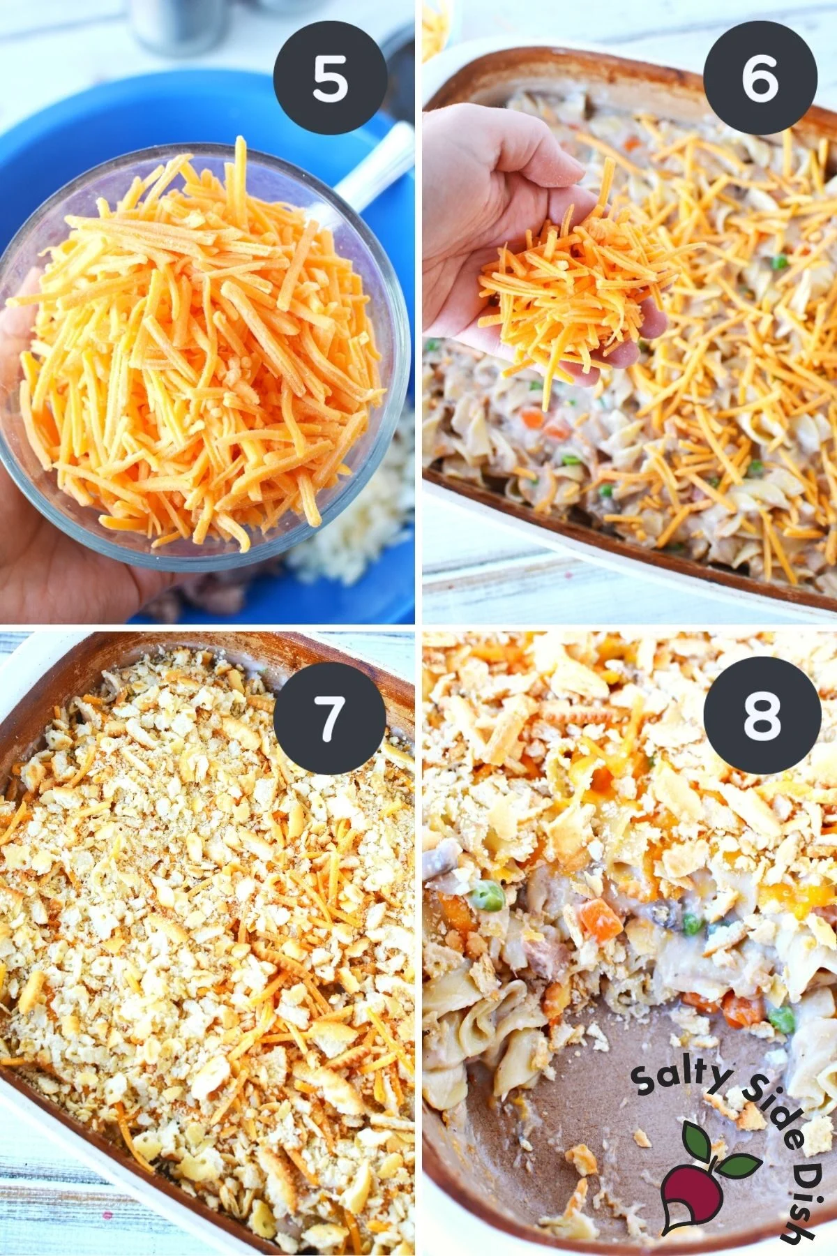 cheese being added to tuna casserole.