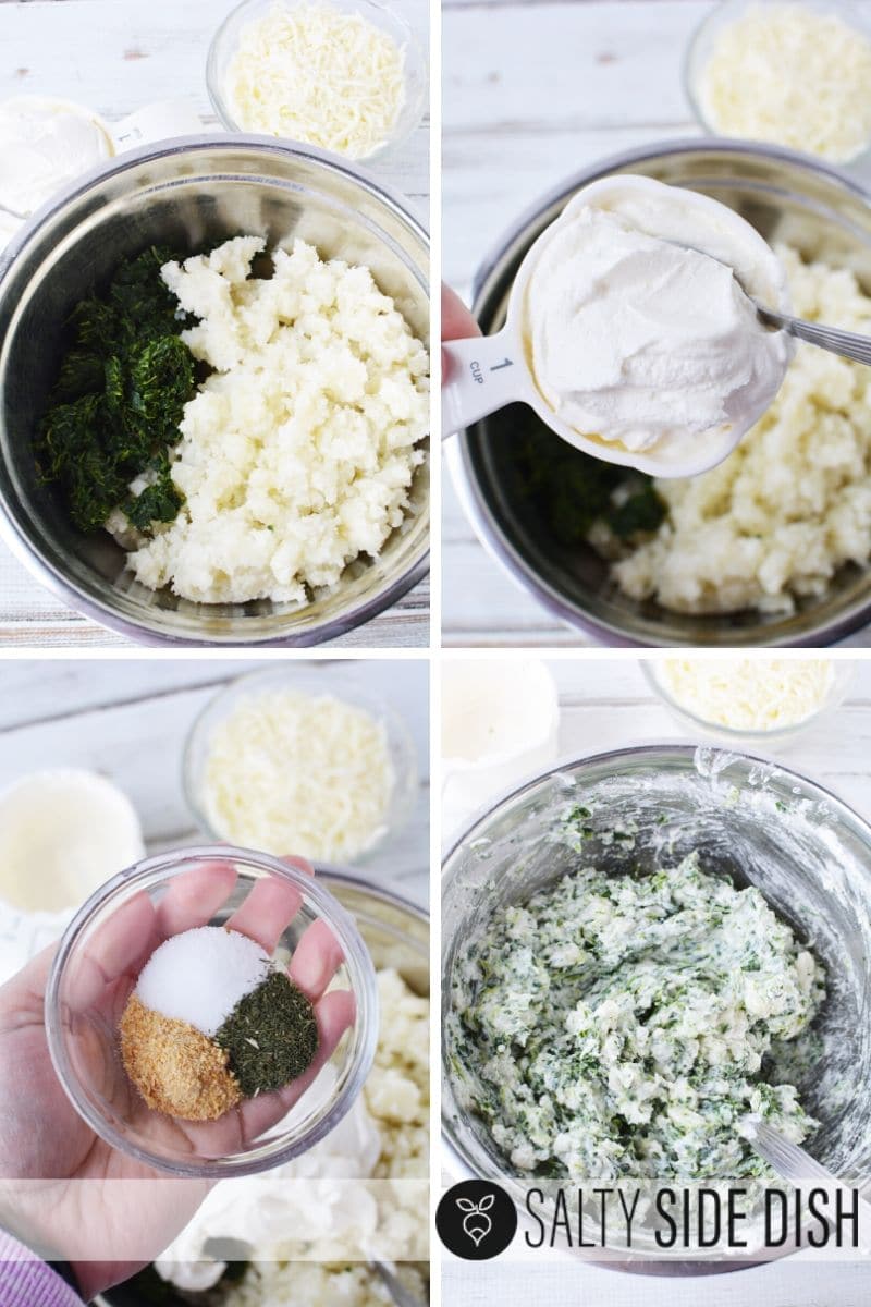 combine frozen drained spinach, sour cream, spices into one dish and stir well, shown in a bowl in step by step process and a dish of cheese on the side