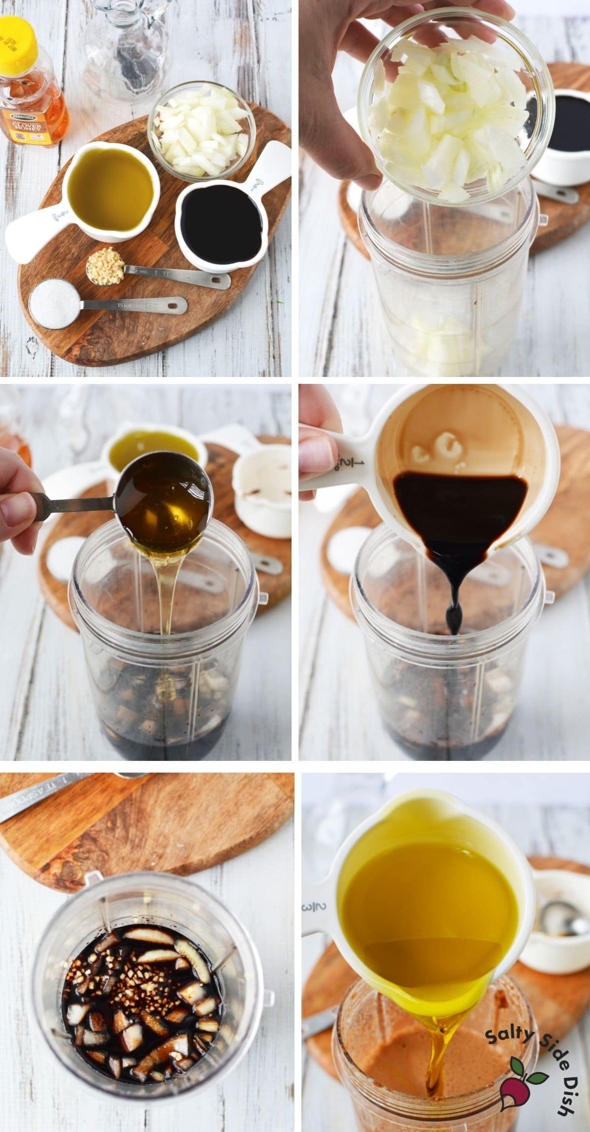 Honey balsamic vinaigrette being made in a blender
