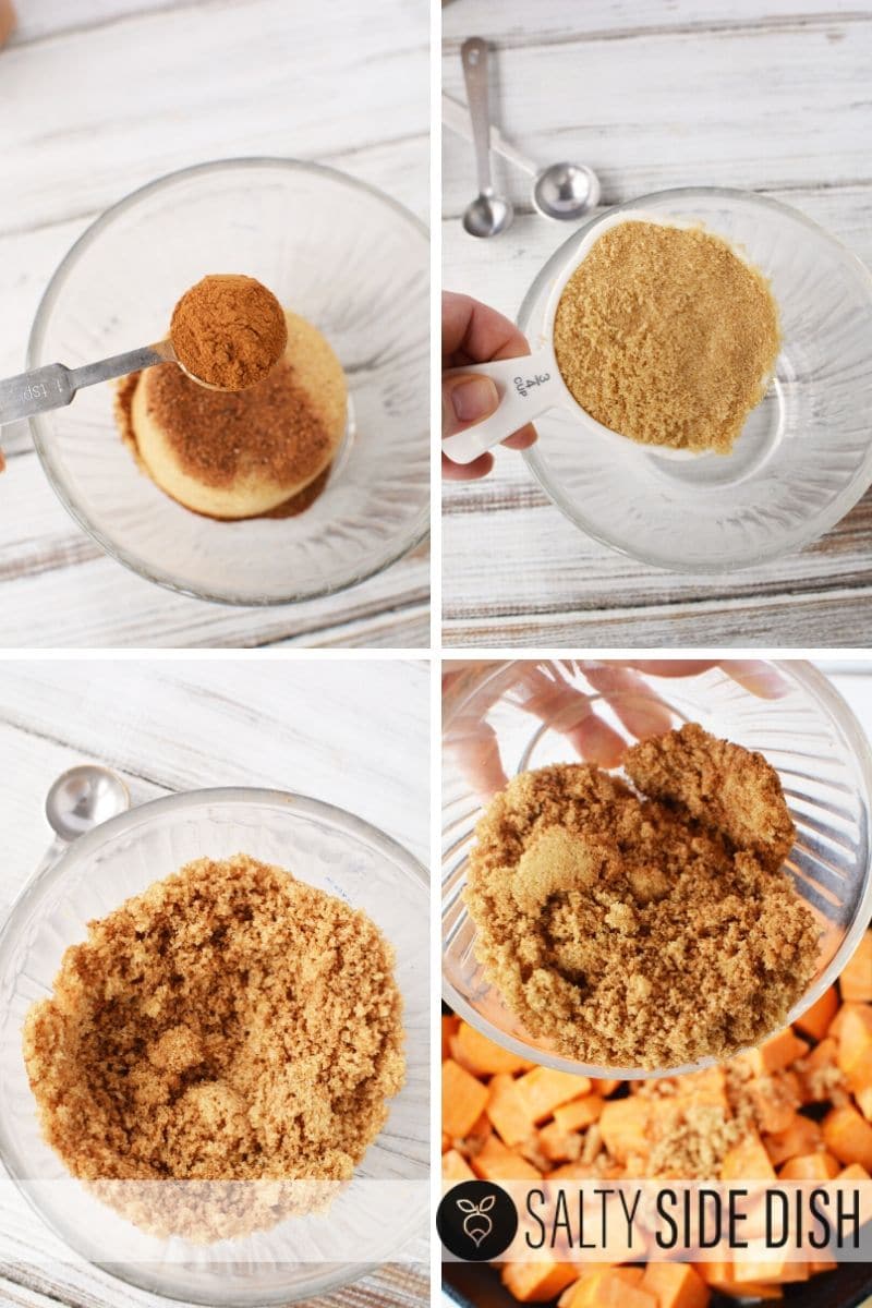 Combine sugar, cinnamon and make into a mixture for your sweet potatoes side dish recipe