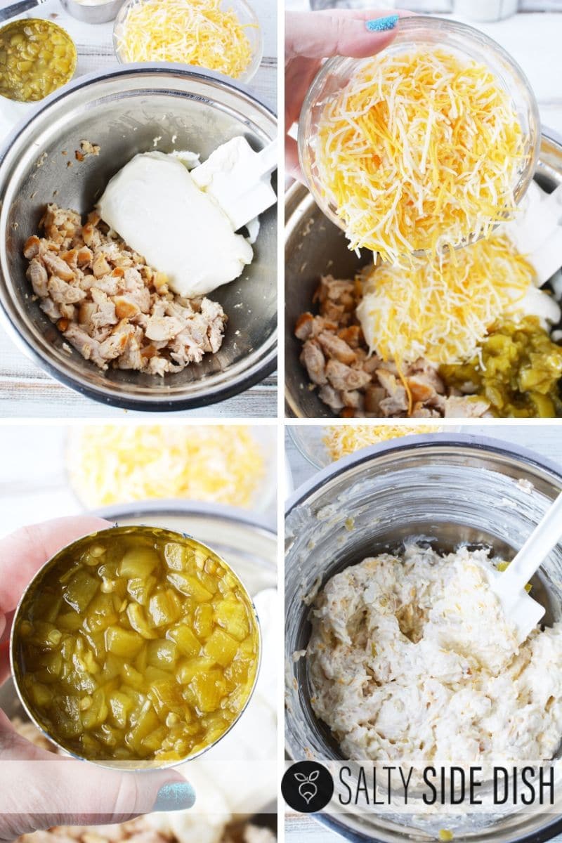 Chicken Enchilada Dip with chilis and cheese and mixing up for the oven