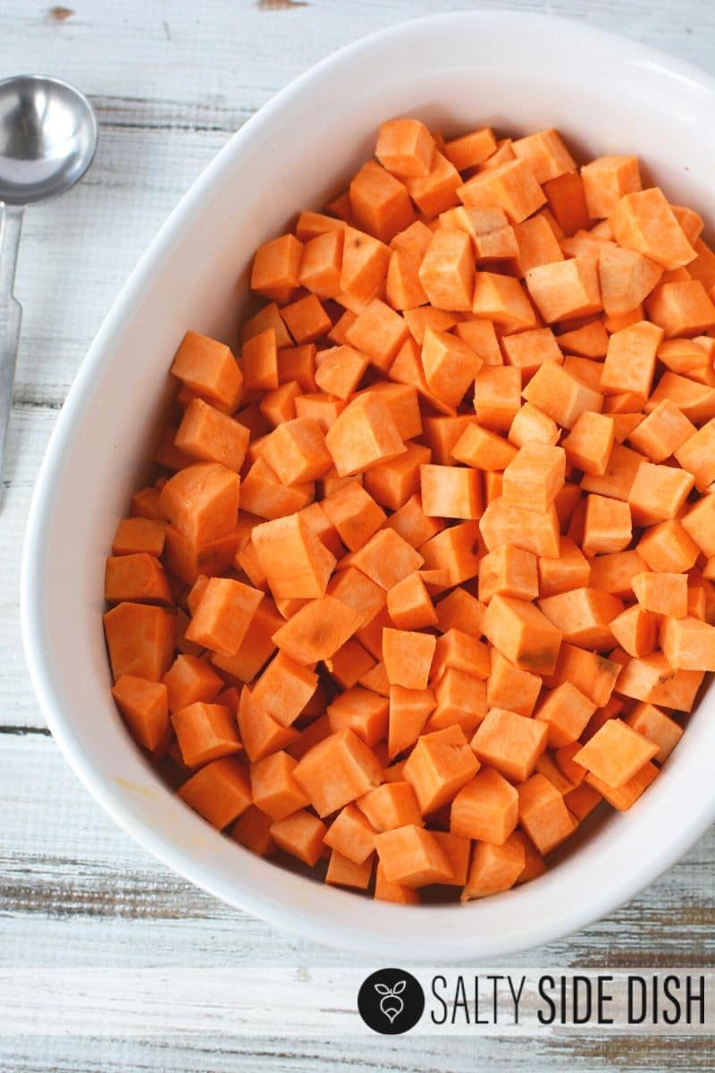 cut down sweet potatoes into chunks and place in a casserole dish that is oven friendly