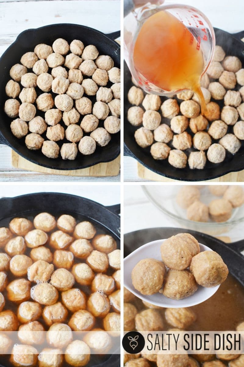 Steaming frozen meatballs with beef broth in cast iron pan