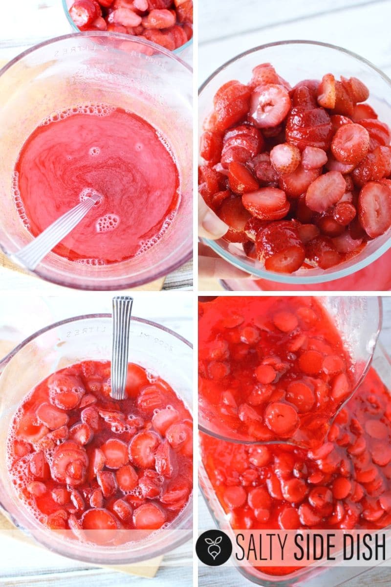 Strawberries and strawberry jello as the top layer for the dessert salad