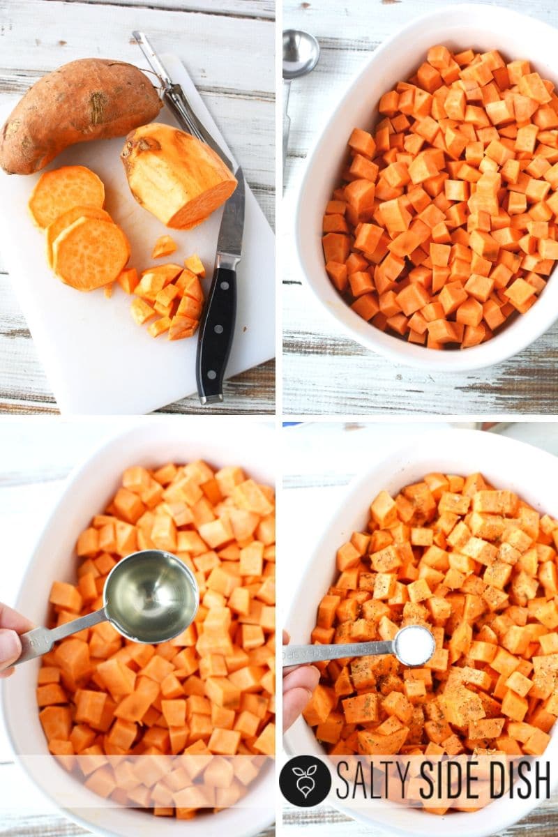 prep and peel sweet potatoes in a dish