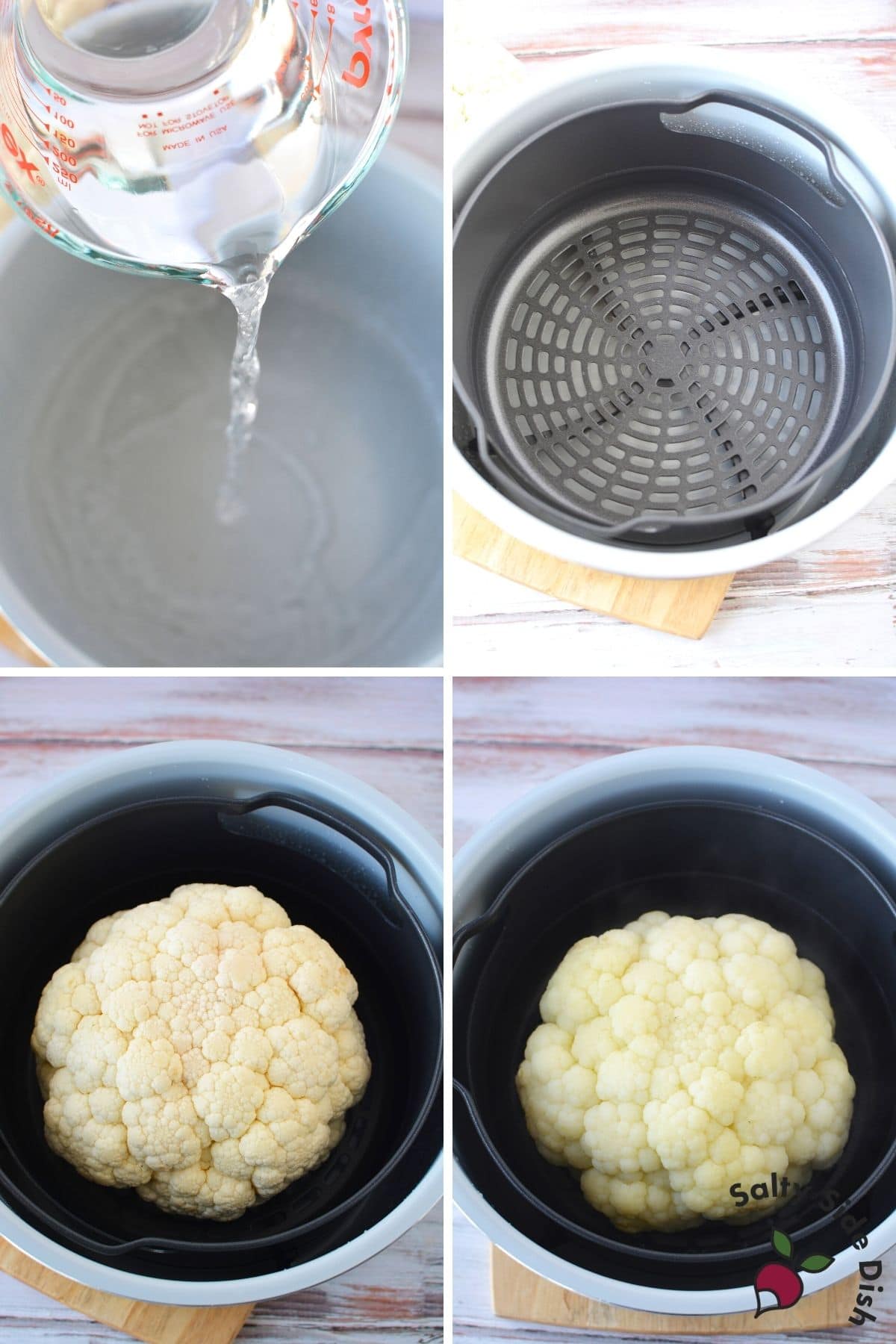 adding water, air crisp basket and cauliflower to the ninja foodi pressure cooker