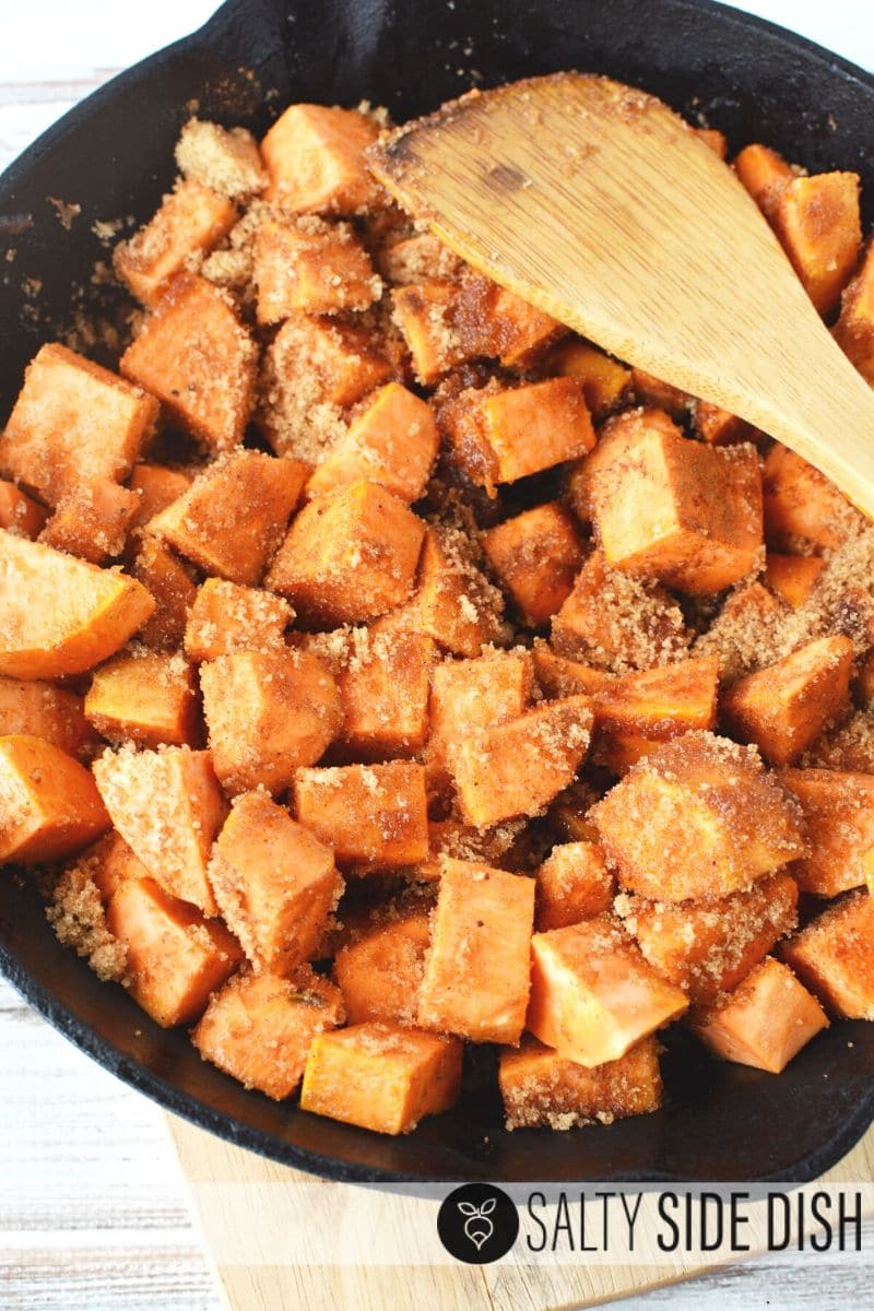 Super simple candied southern sweet potatoes on a side dish with brown sugar