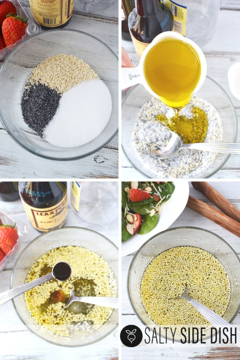 collage of mixing up strawberry poppy seed dressing.