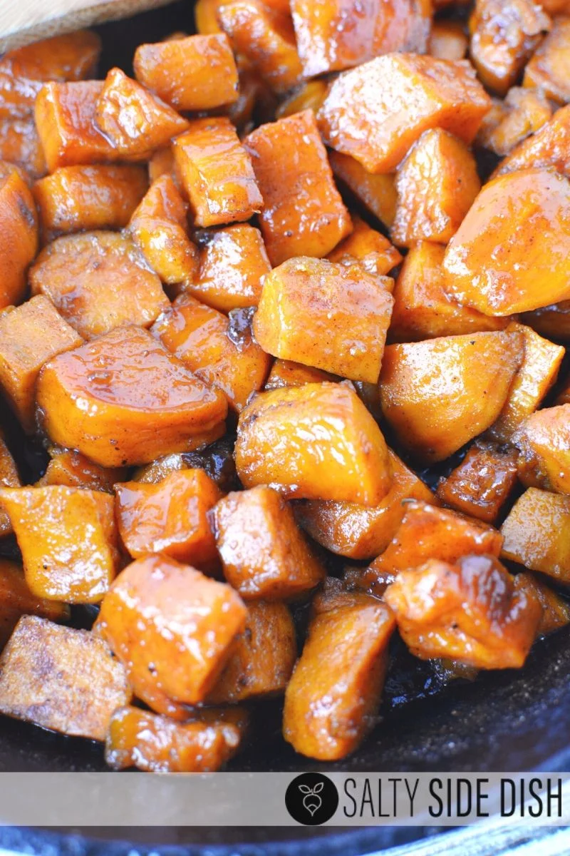 Southern Candied Sweet potoates diced smothered in brown sugar butter for a holiday side dish