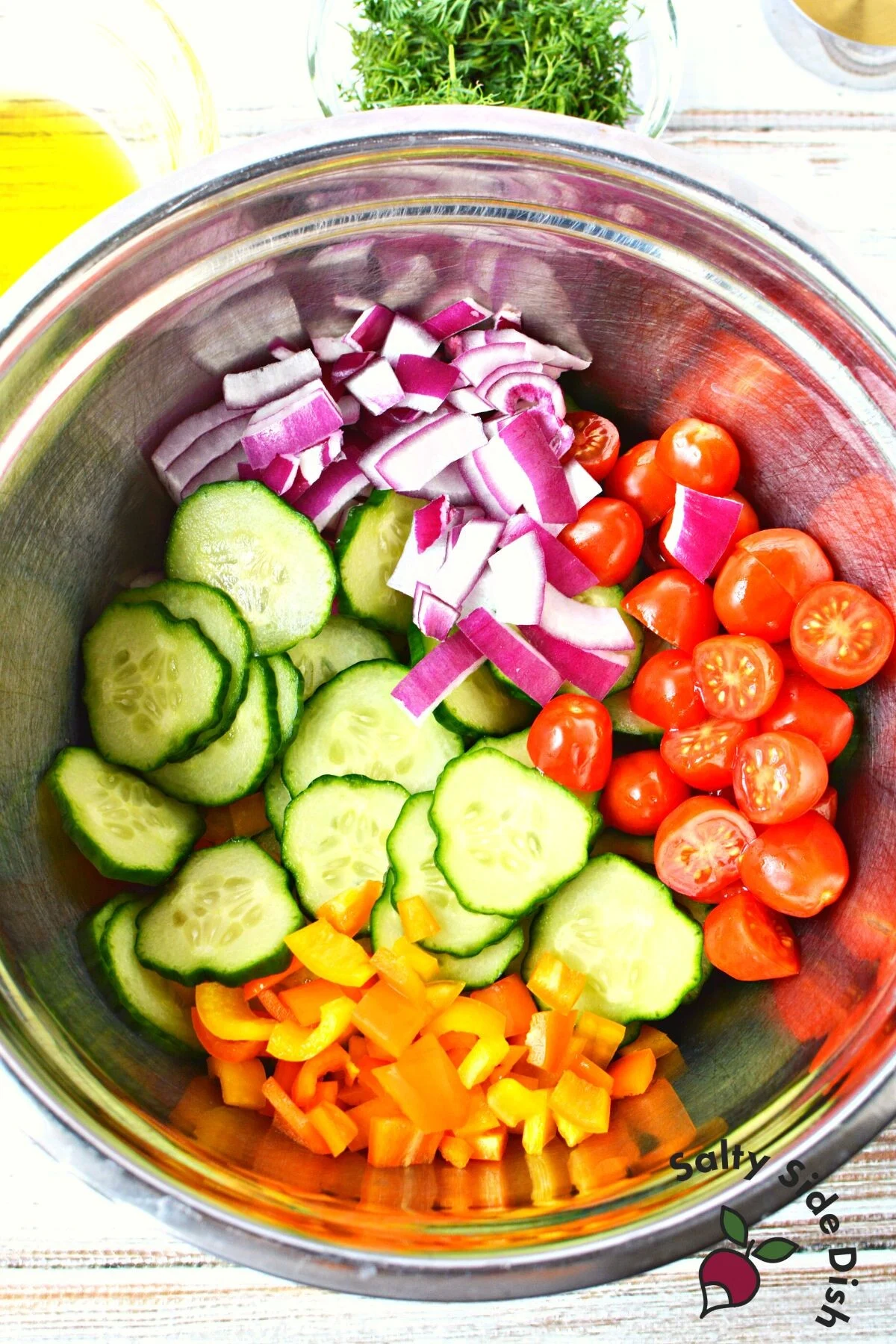 simple cut and diced vegetables in medium bowl.