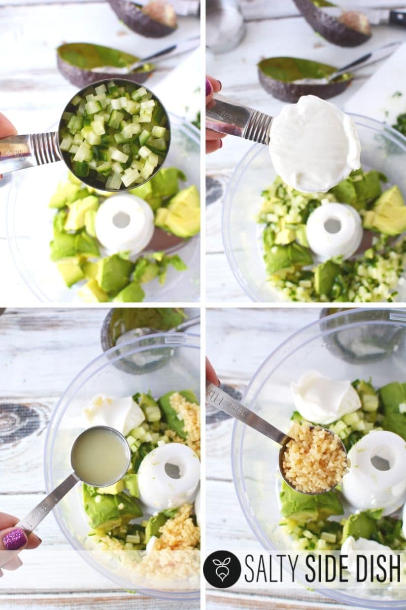 collage of all dip ingredients with cucumbers, sour cream, lime and garlic ready to go into a food processor