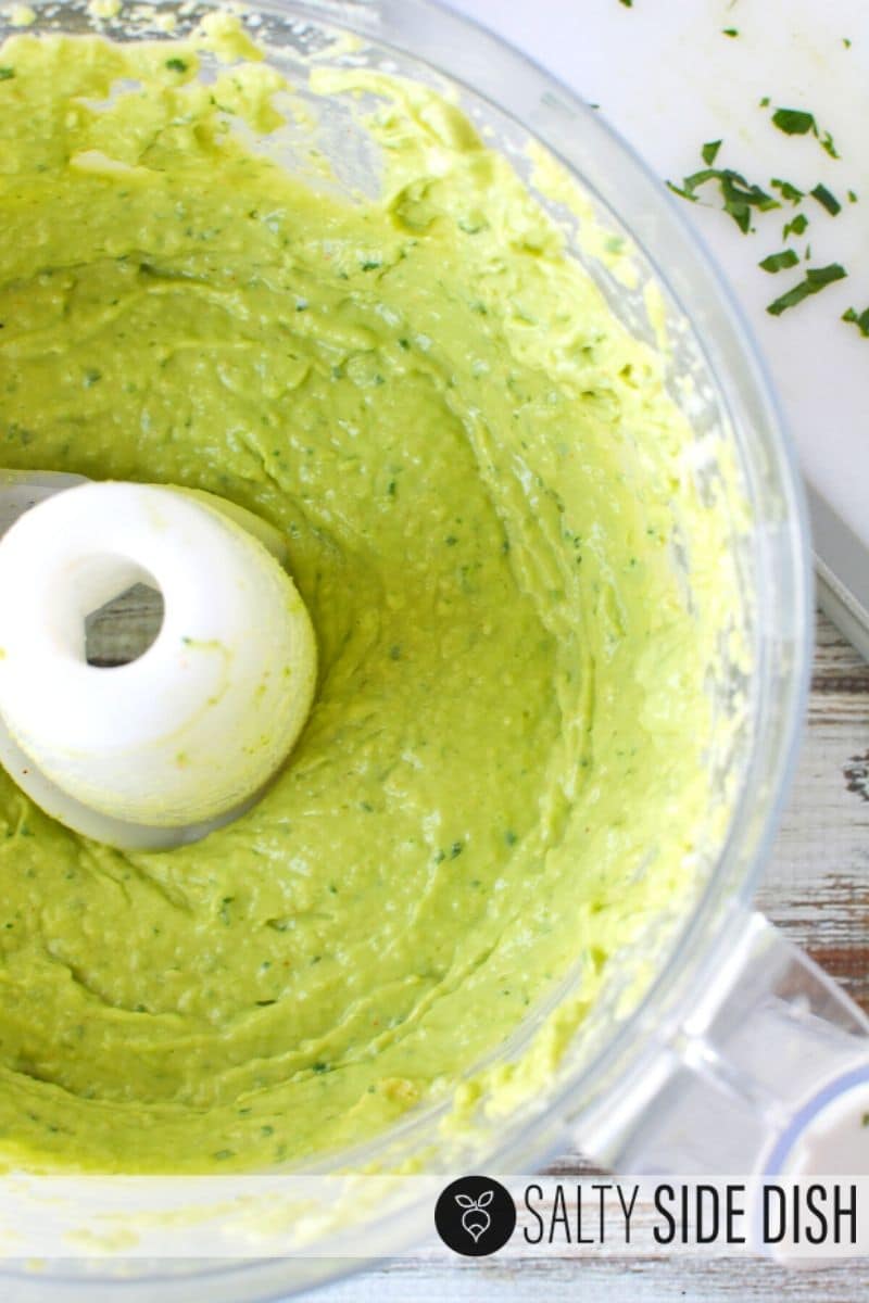 avocado dip already processed into dip (or sauce) and sitting in the food processor still