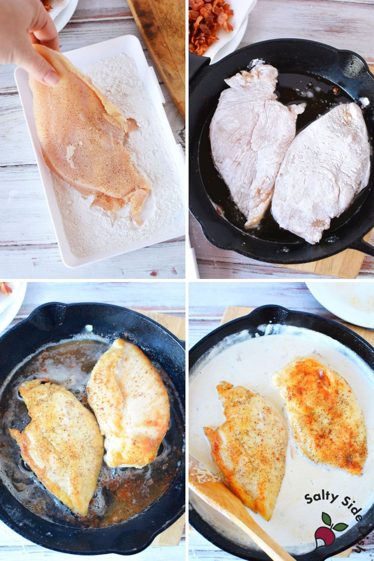 chicken breasts being dredged into flour and fried in a cast iron pan