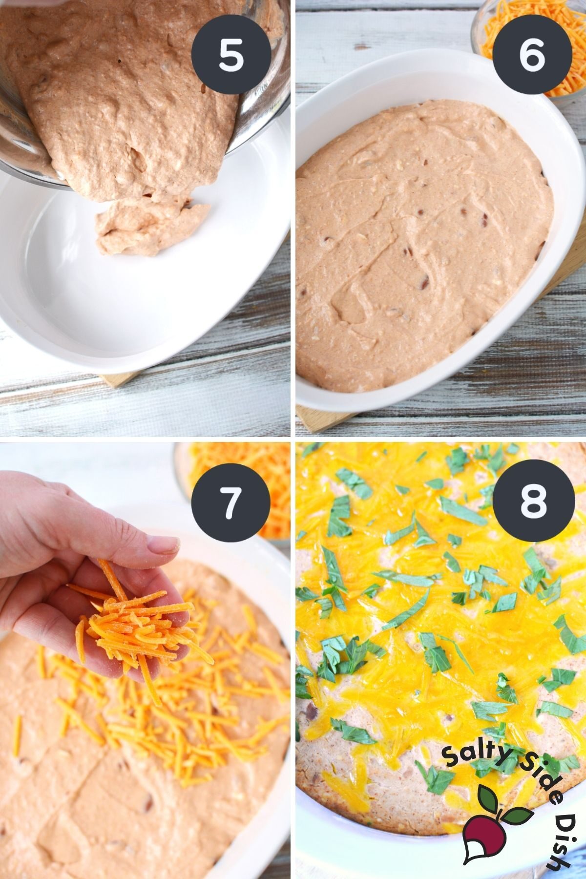 bean dip with cream cheese being poured into a pan to bake.