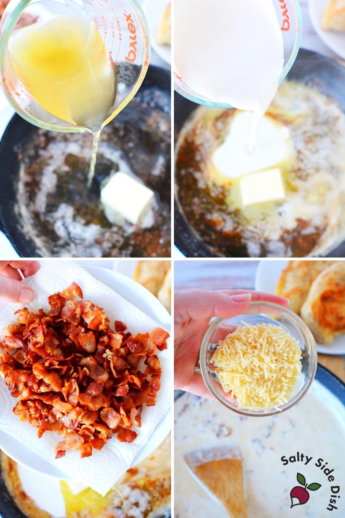 adding all ingredients to make parmesan cream sauce for bacon chicken