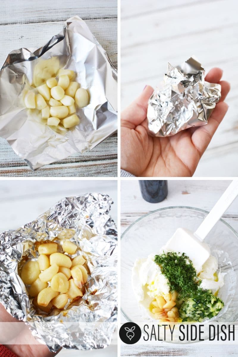 oven roast garlic by adding to foil, closing, and baking till soft, around 30 minutes on 350