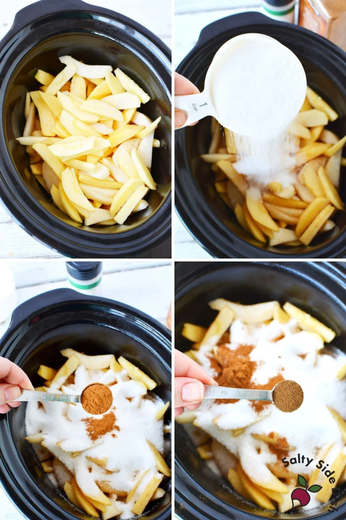 add sugar, cinnamon, and all spices with apples into a crock pot for cooking