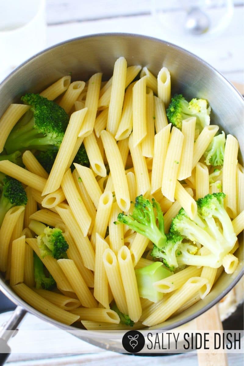 already boiled Penne pasta and broccoli in a sauce pan