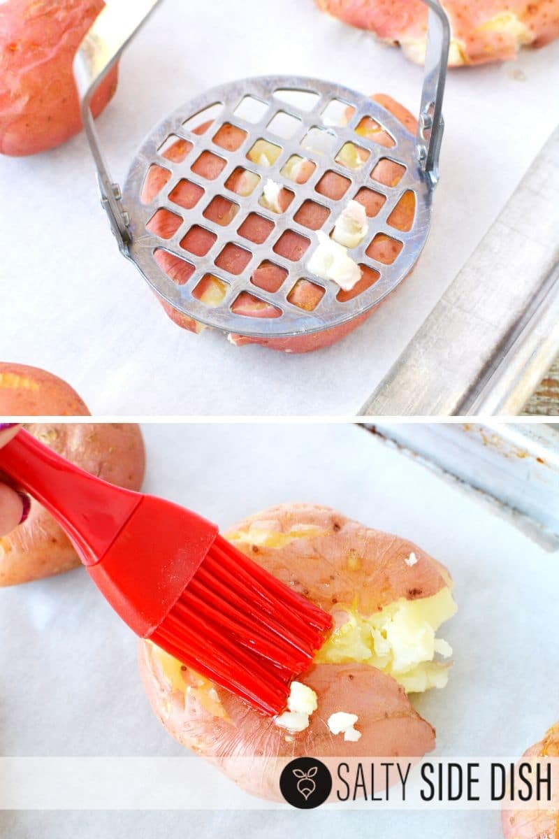 easily smash your potatoes with a potato masher and then using a basting brush, add on butter