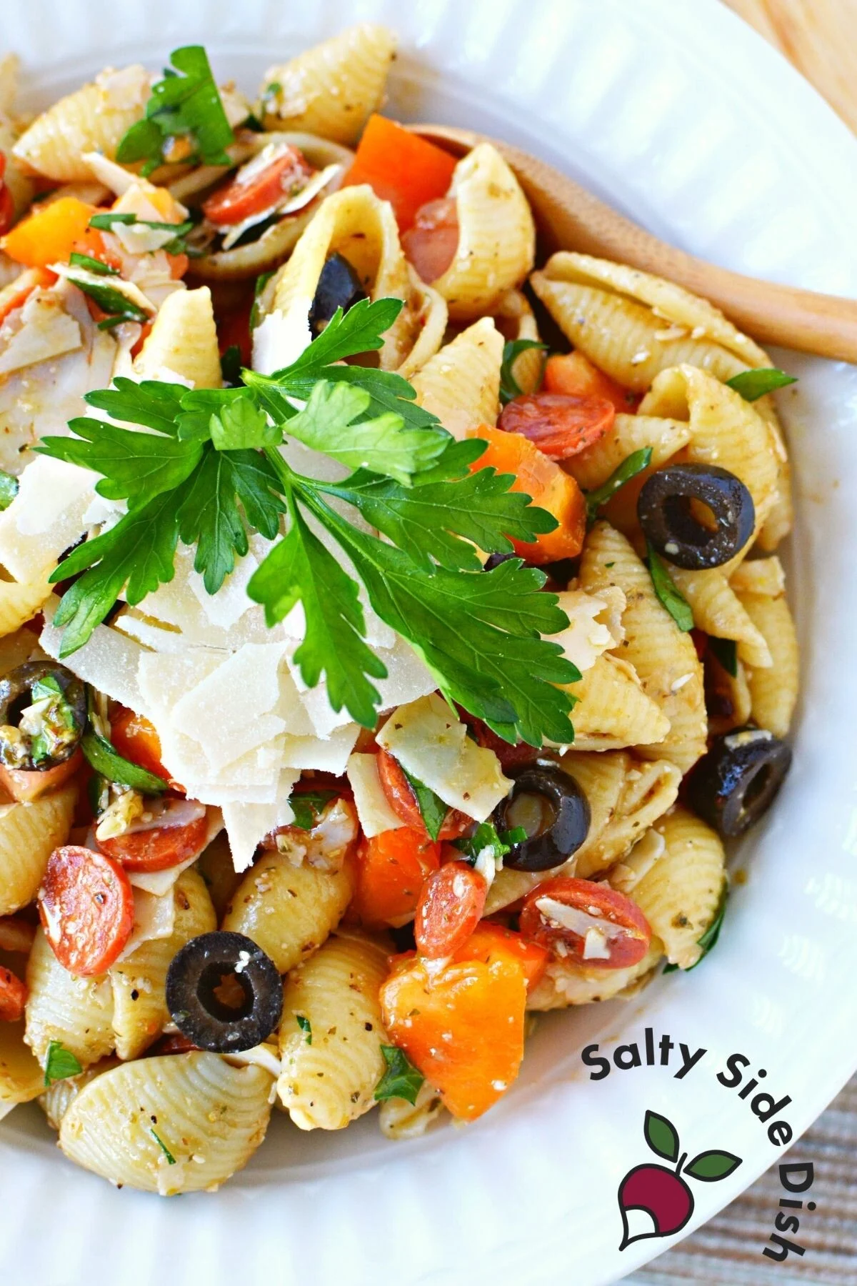 shell pasta salad in a bowl.