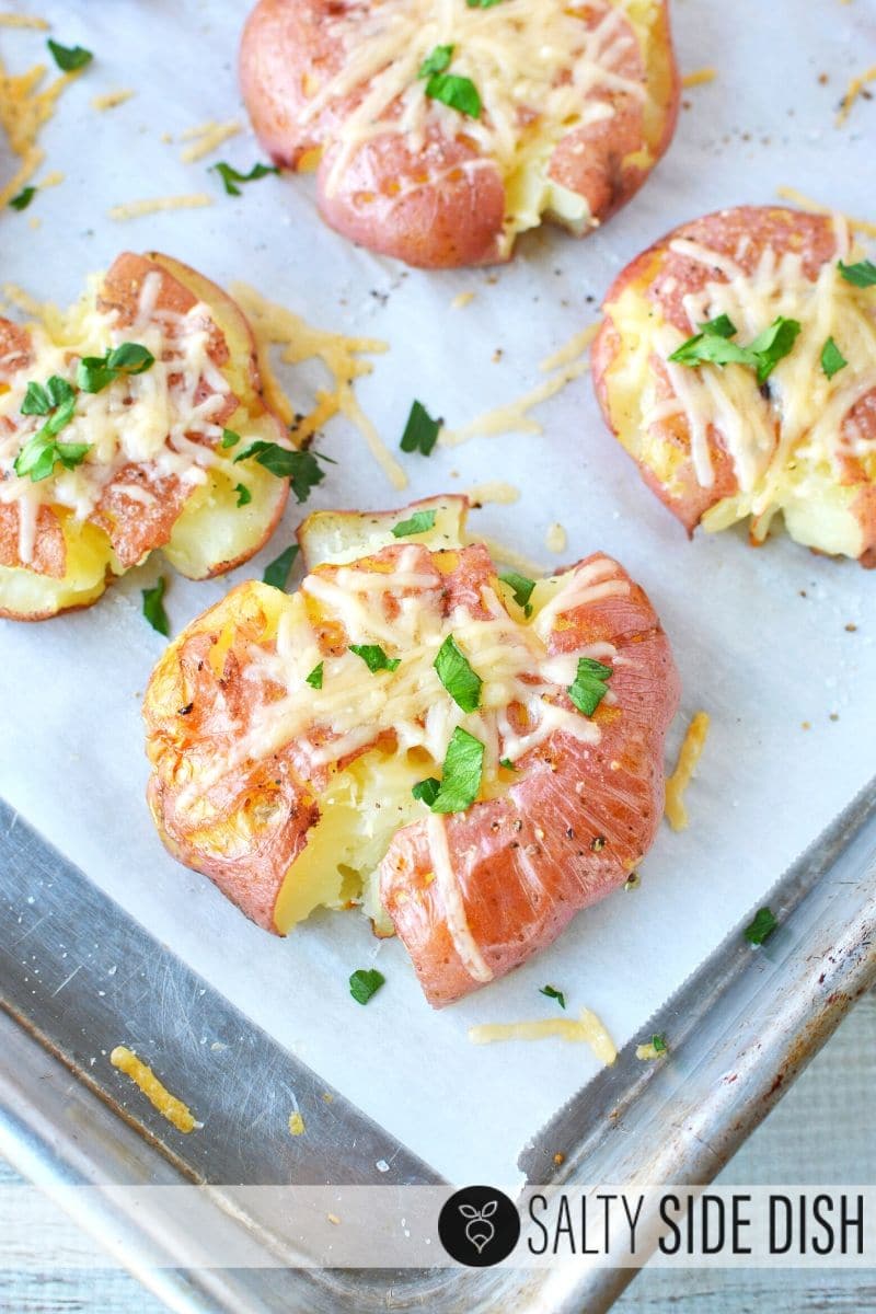 Easy recipe for red smashed potatoes, these potatoes are ready to eat and already cooked on a sheet pan