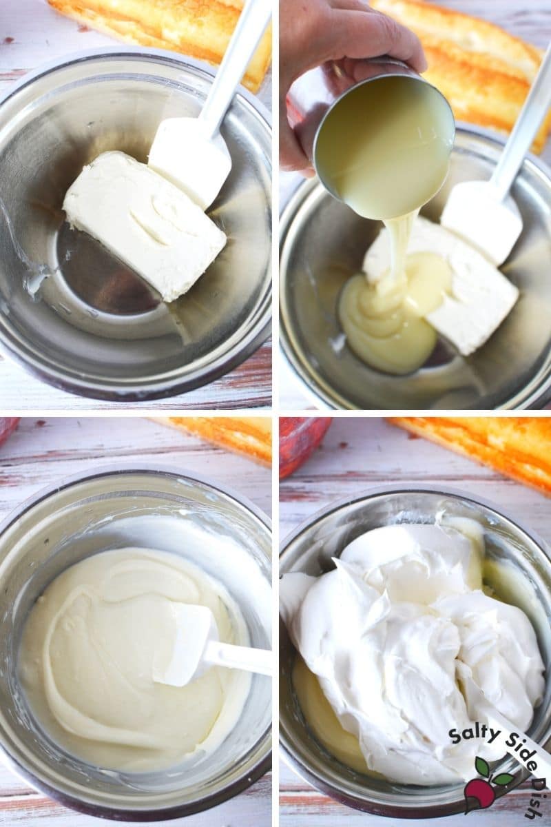 add whipped cream, cream cheese, and sweetened condensed milk into bowl and mix
