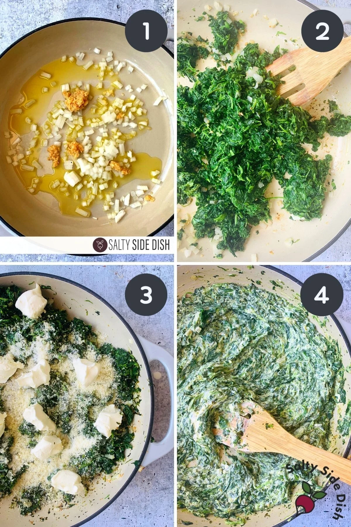 collage of 4 images progressing step by step how to make creamed spinach