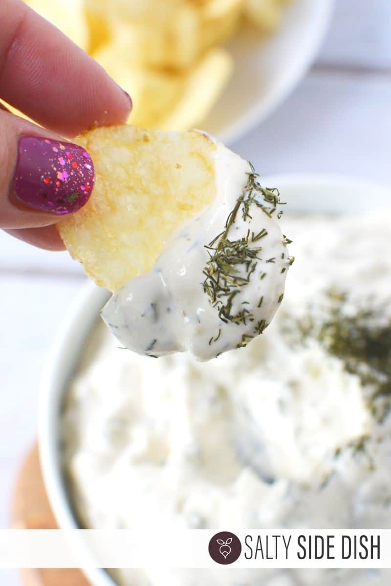 Chip being dunked into appetizer dip
