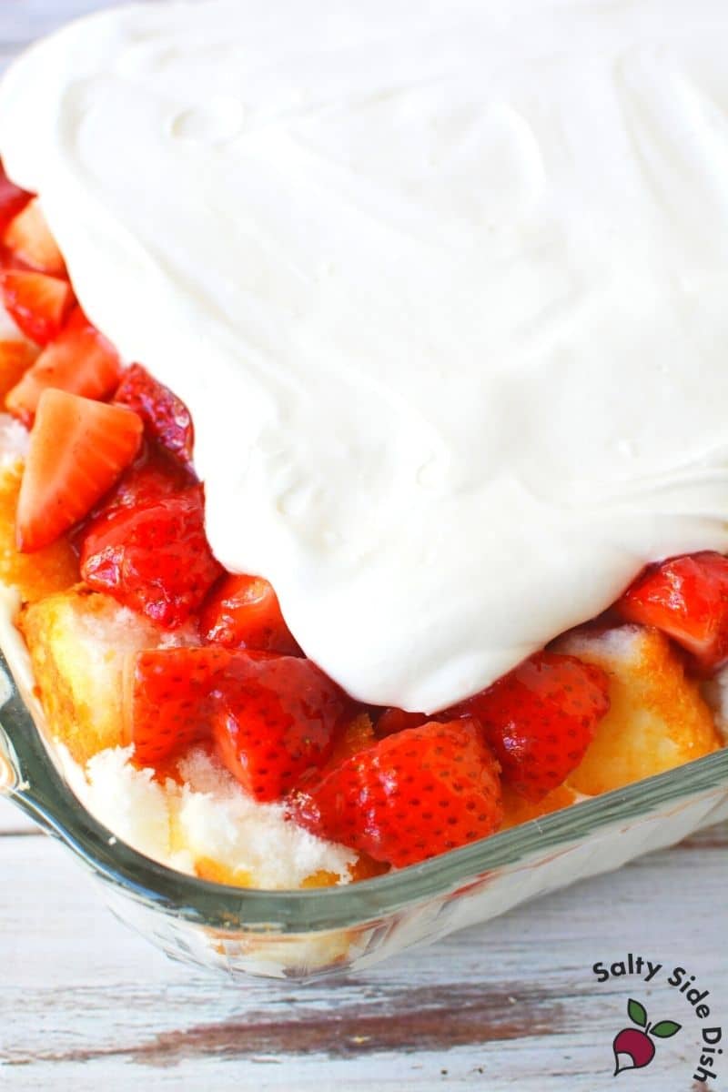 6 layers of strawberry short cake in a casserole dish