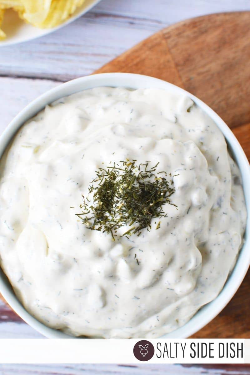 Easy pickle dip made with cream cheese sitting in a bowl