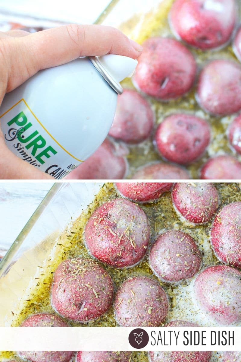 spraying top of potatoes in a pan