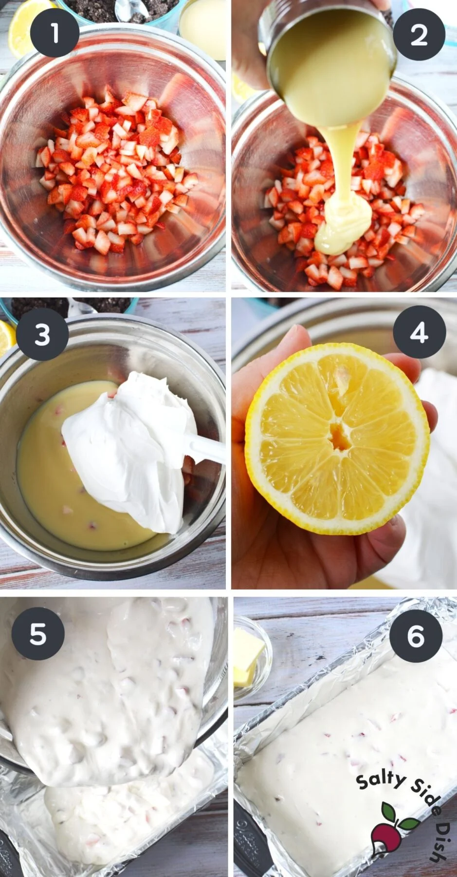 making ice box cake collage of adding cream and strawberries into pan.