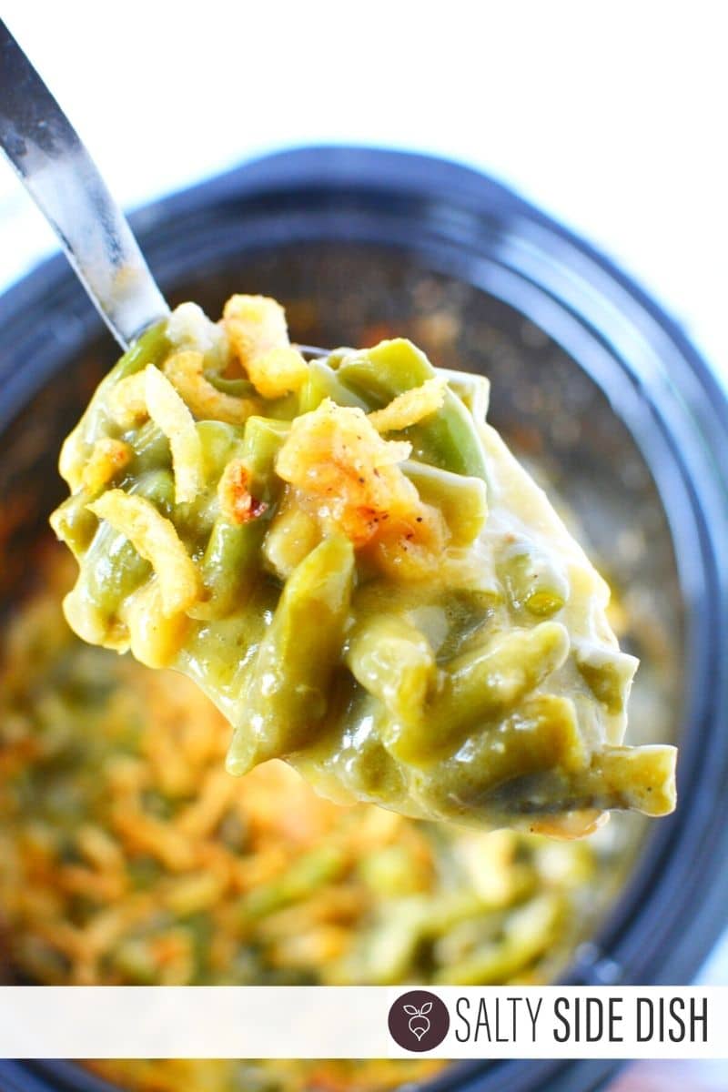 scooped up green bean casserole with creamy soups