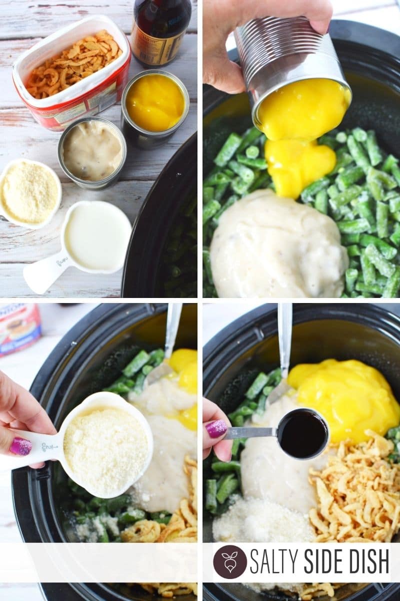 collage of prepped ingredients going into a slow cooker