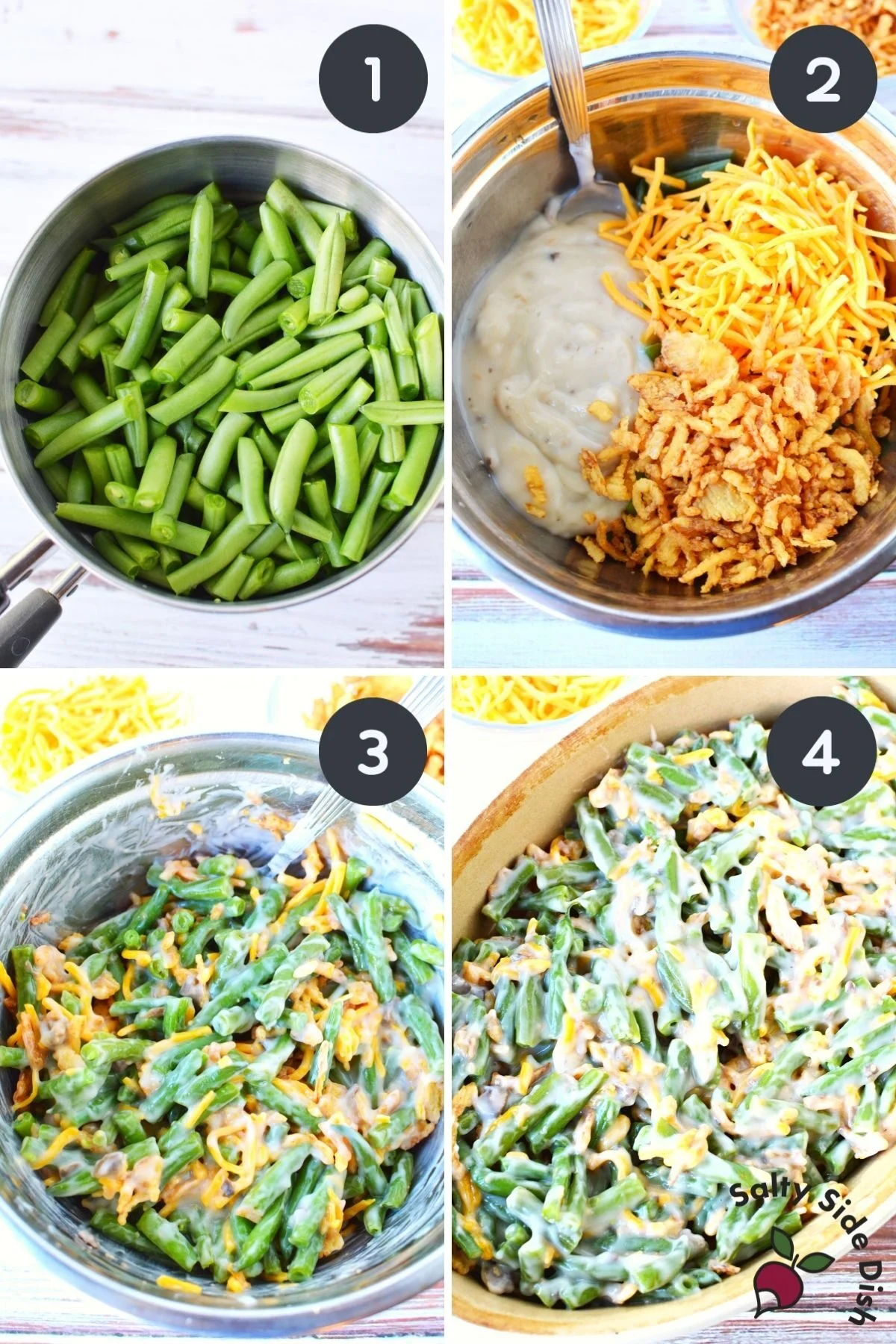 collage of how to make green bean casserole with soup.