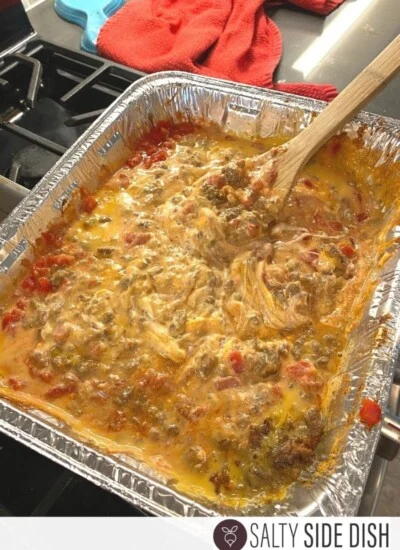 Pan of Velveeta queso dip with Rotel.