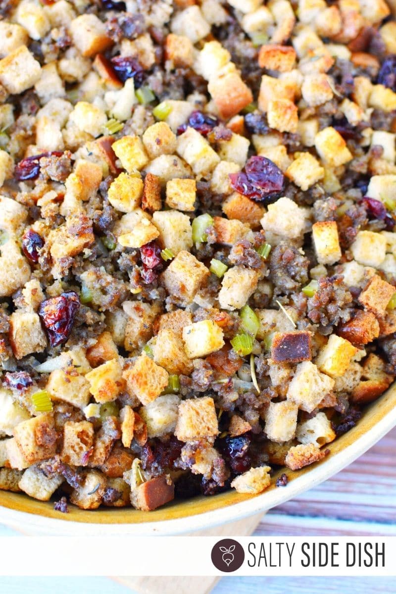 Sausage and Cranberry Stuffing with dried bits and lovely herb sausage cooked in a bowl