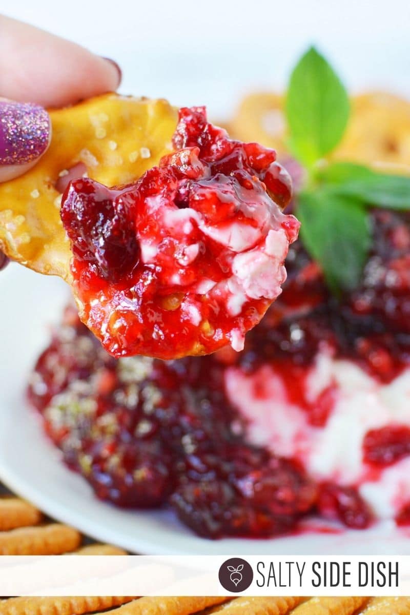 perfect holiday appetizer, bite into cranberry cream cheese dip with salty pretzels