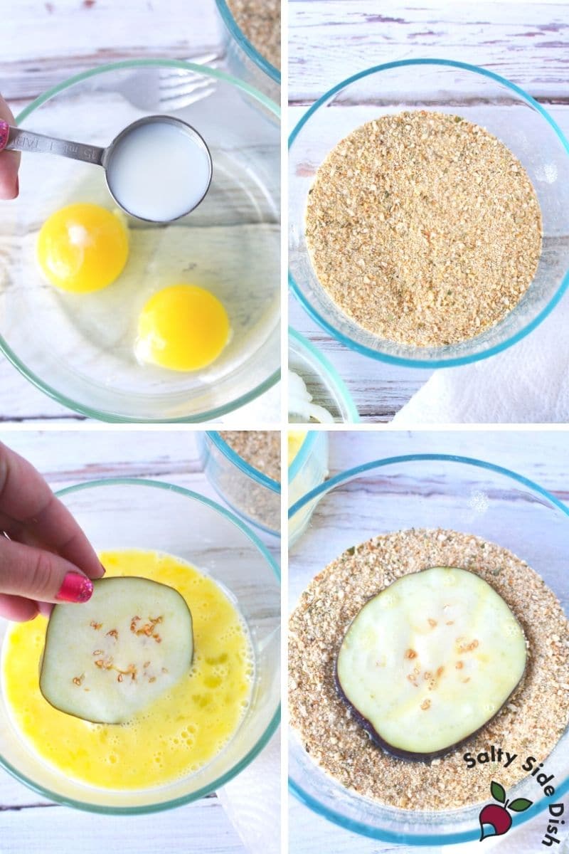 crack large eggs in a bowl, Parmesan and bread crumbs to prep eggplant