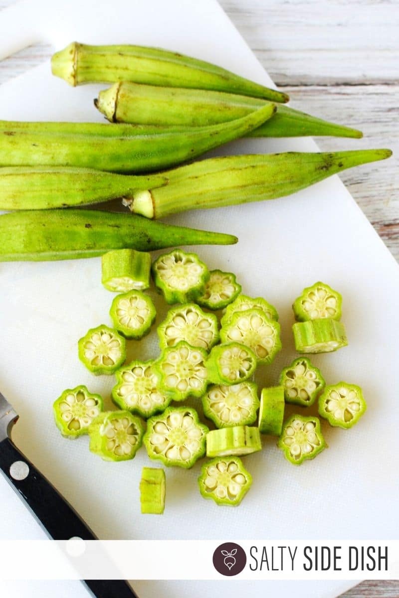 chopped up okra into bits for frying