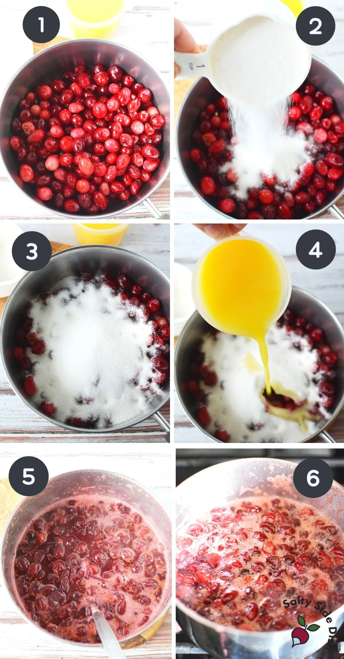 collage of cranberries on the stove with white sugar and orange juice